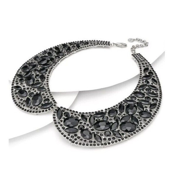 Isaac Mizrahi Live! Multishape Black Crystal Collar Statement Necklace 15" - Picture 1 of 8